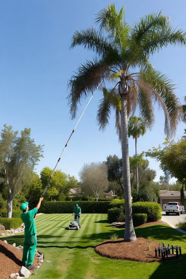 Wells Landscaping crew trimming a palm tree in New Port Richey, FL